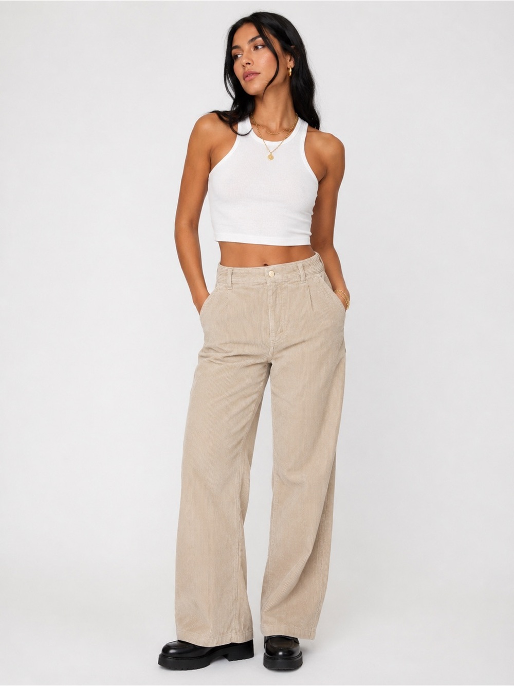 Aritzia Tna Wide Leg Corduroy Pants Oatmeal Beige High Rise Size 2